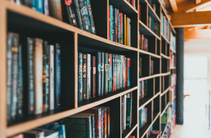 books on brown wooden shelves