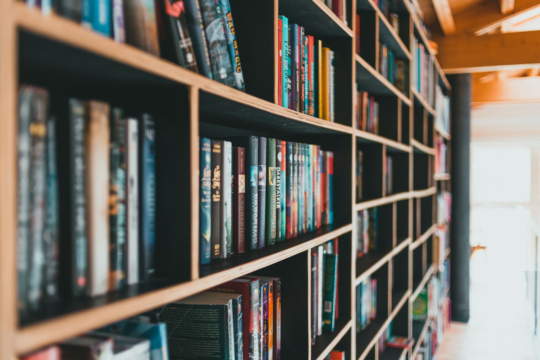 books on brown wooden shelves